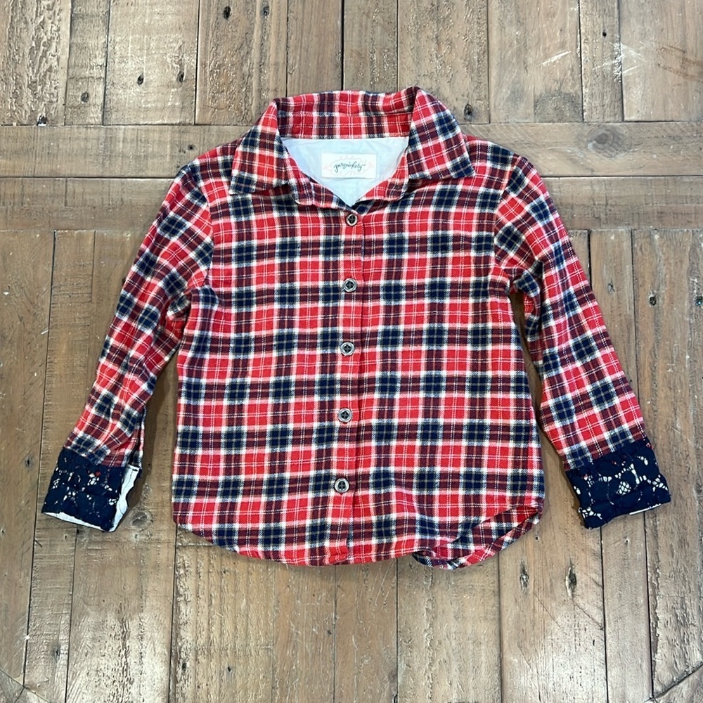 Persnickety plaid lace trim button down shirt